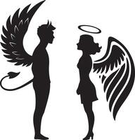 Devil and Angel Silhouettes A Dramatic Contrast of Good vs. Evil in a Romantic Setting vector