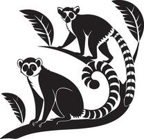 Two Elegant Lemurs Resting on Tropical Branches, Black and White Silhouette, Serene Jungle Mood - Professional digital artwork with vibrant colors and detailed composition vector