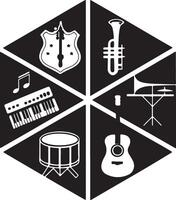 Stylish Hexagon Showing Diverse Musical Instruments Trumpet, Keyboard, Drum, Guitar, and More in a Dark Mood vector