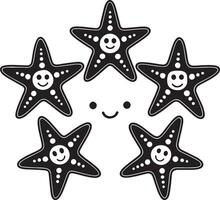 Five Happy Smiling Starfish Surround a Cheerful Central Starfish in a Playful Black and White Ocean Scene vector