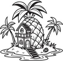 Idyllic Tropical Island House Escape Charming Black and White Illustration of a Tiny Home on a Pineapple-Shaped Island Surrounded by Palm Trees vector