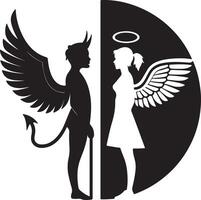 Striking Black and White Silhouette of Angel and Devil Figures, Symbolic of Good vs. Evil, in a Dramatic Dualistic Composition vector