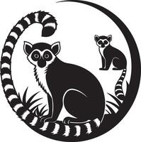Majestic Ring-Tailed Lemurs in Monochrome Serene Wildlife Art in a Circular Design - Professional digital artwork with vibrant colors and detailed composition vector