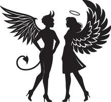 Dramatic Silhouette of a Devil and Angel Facing Each Other in a Mystical Confrontation - Professional digital artwork with vibrant colors and detailed composition vector