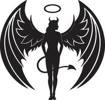 Mysterious Fallen Angel Silhouette with Devilish Wings and Halo Dark Fantasy Art - Professional digital artwork with vibrant colors and detailed composition vector