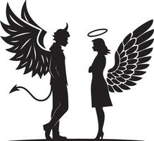 Dramatic Silhouette of Angel and Devil Facing Off, Symbolic of Good vs. Evil, a Dark and Mysterious Illustration vector