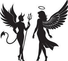 Dramatic Silhouette of Angel and Devil A Dark, Contrasting Illustration of Good vs. Evil - Professional digital artwork with vibrant colors and detailed composition vector