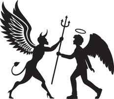 Dramatic Silhouette of Angel and Devil Grappling for a Trident in a High-Contrast, Symbolic Showdown vector
