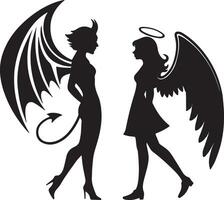 Enchanting Silhouette of Angel and Devil Facing Each Other, a Dramatic Black and White Illustration of Good vs Evil vector