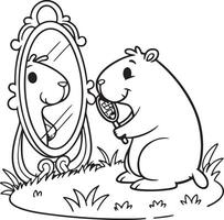 Adorable Capybara Grooming Itself in a Fancy Mirror, Enjoying a Delightful Morning in a Lush Meadow vector