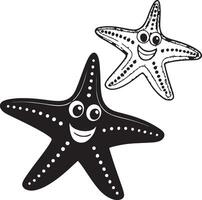 Two Happy Cartoon Starfish Friends Playing in the Ocean Depths A Delightful Black and White Illustration vector