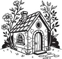 Charming Stone Cottage Nestled in a Lush Garden, Black and White Illustration, Whimsical Fairy Tale Setting vector