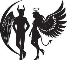 Mysterious Silhouette of Angel and Devil Facing Each Other in a Dark, Romantic Moonlit Scene vector