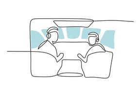 Pilots in cabin in one continuous line drawing style. vector