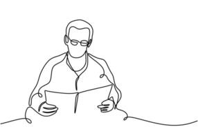 one line drawing of man sitting and reading. vector