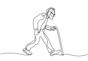 Old man walking with a cane in one continuous line drawing. vector