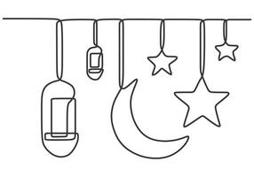 Lanterns, crescent moon and star in one continuous single line art for Ramadan kareem concept vector