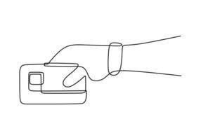 Hand using Internet banking card one line drawing style. vector