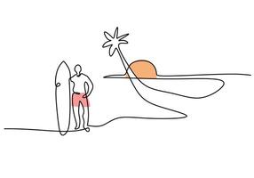 One continuous single line drawing of surfer with surfboard standing up in sand of sunset beach. vector