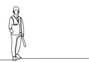 Single line drawing of young architect holding blueprint paper vector