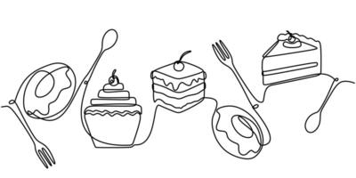 one continuous line drawing of donuts, muffin, and cherry cake with spoon and fork. vector