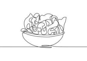 Continuous single line of salad on bowl isolated on white background. Healthy vegetarian food. vector