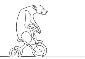 Continuous one line drawing of trained big bear playing a bicycle around the track in circus arena. vector