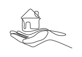 one continuous single line of house symbol on hand isolated on white background. Property investment vector