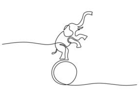 elephant on a ball in one single continuous line drawing style isolated on white background. vector