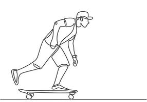 Young man ride skateboard one continuous single line art style. Energetic outdoor sport vector