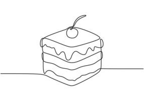 Continuous one line drawing of cake with cherry. vector