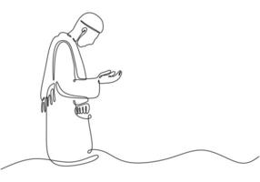 Muslim man standing and praying in one single continuous line drawing style isolated on white background. Ramadan kareem concept illustration. vector