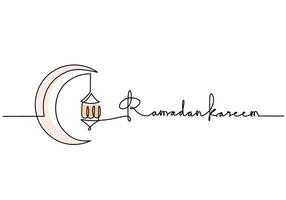 Lantern hanging at crescent moon with ramadan kareem handwritten inscription in One line drawing. vector