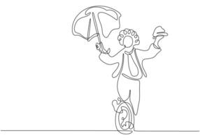 clown rides a unicycle while carrying an umbrella in one single continuous line drawing style. vector