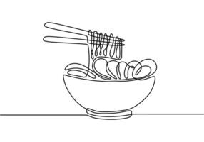 one continuous line drawing of chicken noodle or ramen with egg isolated on white background. vector