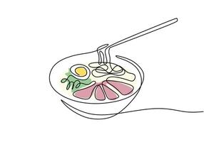 one continuous line drawing of chopsticks on ramen or chicken noddle with egg in big mug. vector