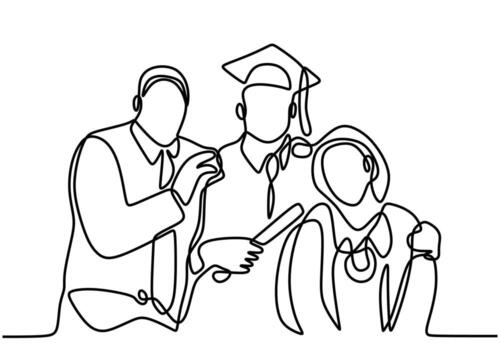 one continuous line drawing of graduated man student with his parents isolated on white background. vector