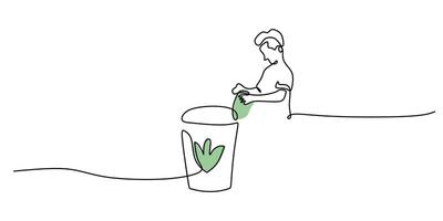 Man throw garbage in continuous line art drawing style vector