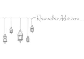 Hanging lanterns with ramadan kareem handwritten inscription in one single continuous line drawing. vector