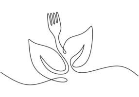 Fork and vegetable leaf in continuous line art drawing style isolated on white background. vector