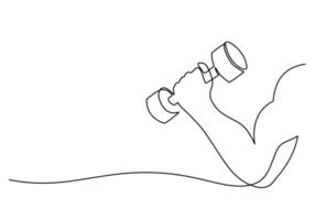 Single continuous line drawing hand holding dumbbell. Hand with muscle training vector