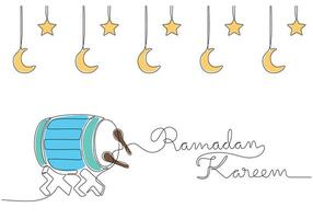 Stars, crescent moons, drum and ramadan kareem handwriting in one continuous line style. vector