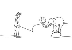 One line drawing circus with elephant and trainer. vector