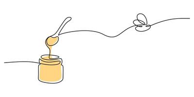 Glass canning jar and big spoon with honey in continuous line art style isolated on white background vector