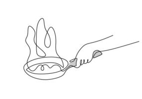 one continuous line drawing of hand holding frying pan on white background Cooking and kitchen tools vector