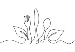 Fork, knife and spoon with vegetable leaf in continuous line art drawing style on white background. vector