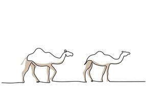Two big camels on the desert in one single continuous line drawing style for Ramadan kareem concept. vector