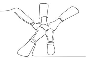 One line drawing of people unite their hands to form five star shape vector