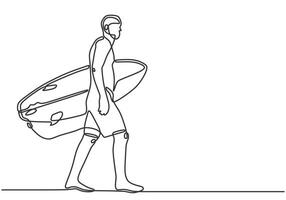 Man surfer athlete bring surfing board in one continuous single line art drawing vector
