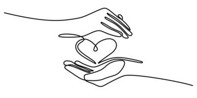Hands holding heart continuous one line art drawing. Charity donation isolated on white background. vector